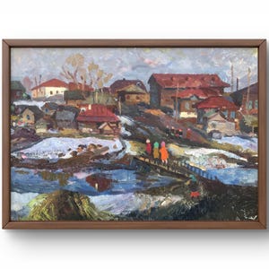 Pintura a óleo paisagem original, pintura a óleo sobre papelão, paisagem rural de inverno, neve derretida, arte feita à mão, sem moldura, arte de parede