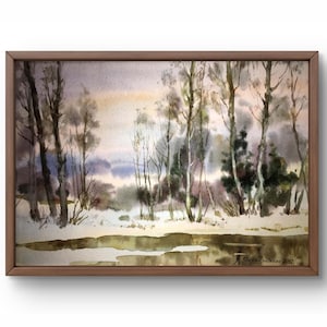 Pintura de acuarela paisaje original, pintura sobre cartón, paisaje invernal, arte hecho a mano, naturaleza, sin marco, paisaje forestal, arte de pared