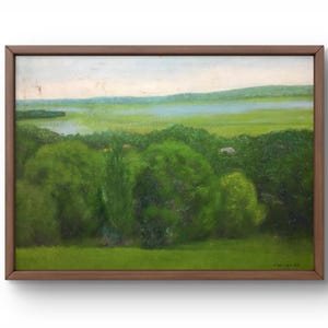 Pintura al óleo paisaje original, pintura al óleo sobre cartón, llanura verde, árboles verdes y cielo, día de verano, arte hecho a mano, sin marco, arte de pared