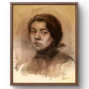 Retrato en acuarela original, pintura de acuarela sobre cartón, retrato de una mujer joven, arte hecho a mano, sin marco, arte de pared