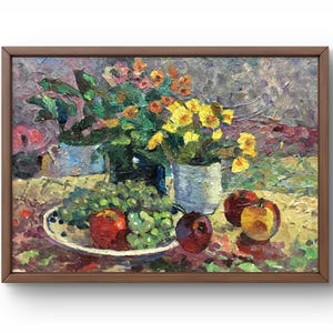 Pintura a óleo natureza morta original, pintura a óleo sobre papelão, natureza morta com vasos de flores e um prato, arte feita à mão, sem moldura, arte de parede