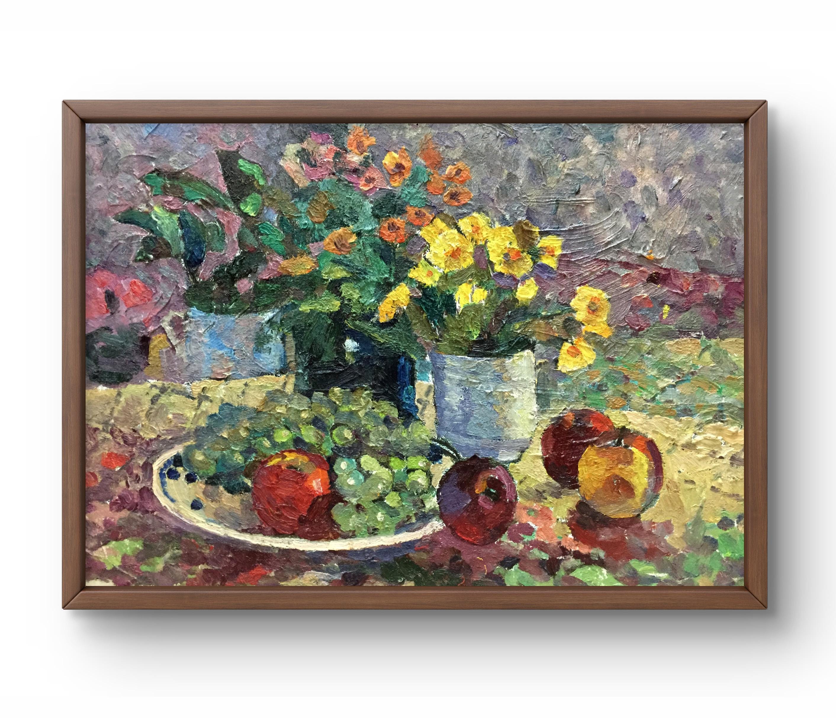 油絵の静物画、オリジナル、段ボールの油絵、花瓶と皿のある静物画