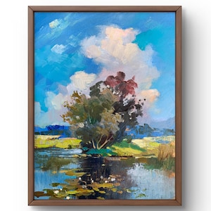 Pintura al óleo paisaje original, pintura al óleo sobre cartón, paisaje con árboles junto al agua, arte hecho a mano, sin marco, arte de pared