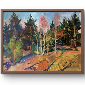 Pintura a óleo paisagem original, pintura em papelão, paisagem florestal, arte artesanal, natureza sem moldura árvores paisagem, arte de parede