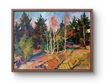 Oil painting landscape original, painting on cardboard, forest landscape, handmade art, nature unframed trees landscape, wall art