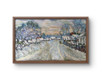 村の風景油絵 田舎道の冬景色 雪の降る夜 紫の夕日 穏やかなオリジナル
