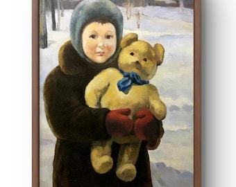 Retrato original pintado al óleo, pintura sobre lienzo, retrato de niña, arte hecho a mano, naturaleza, sin marco, retrato de osito de peluche, arte de pared