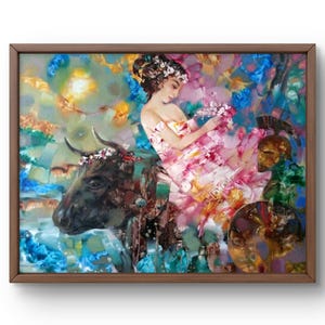 Oil painting abstract original oil painting on canvas mythical scene with a woman sitting on a bull abstract handmade art unframed abstract