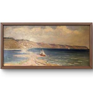 Pintura al óleo original de paisaje, pintura al óleo sobre cartón, escena costera serena con costa rocosa y barcos, arte hecho a mano, sin marco
