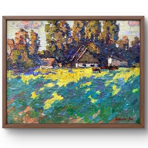 Pintura a óleo paisagem original, pintura em papelão, árvores paisagem, arte artesanal, natureza, sem moldura, paisagem prados, arte de parede