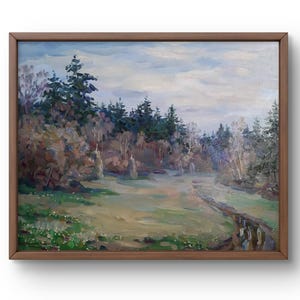Pintura al óleo paisaje original, pintura al óleo sobre cartón, claro del bosque con suaves tonos verdes y trazos finos, arte hecho a mano, sin marco
