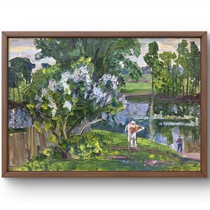 Pintura a óleo paisagem original, pintura a óleo sobre papelão, margem do rio com arbustos lilases floridos, arte feita à mão, sem moldura, arte de parede
