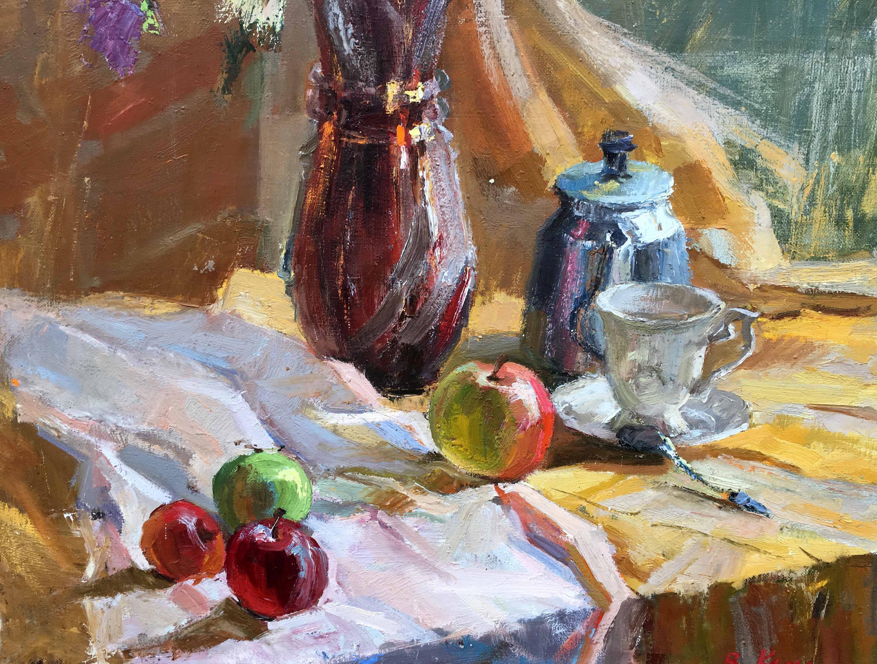 油絵の静物画、キャンバスに描かれた油絵、花瓶の花、ティーポット