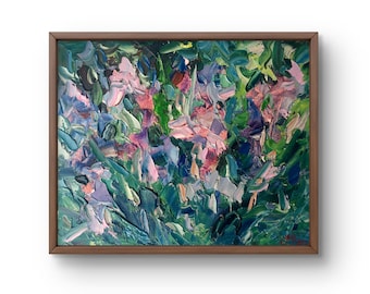 7月の庭の油絵：花が咲く風景画（7.5インチ×6.7インチ） - Etsy 日本