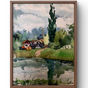 Dipinto ad acquerello paesaggio originale, dipinto su carta, paesaggio fluviale, arte fatta a mano, natura, senza cornice, paesaggio di casa, arte murale