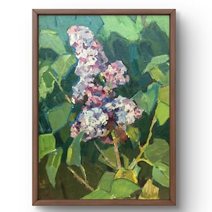 Pintura al óleo naturaleza muerta original, pintura al óleo sobre cartón, rama de lila con flores brillantes, arbusto de lilas, arte hecho a mano, sin marco, arte de pared