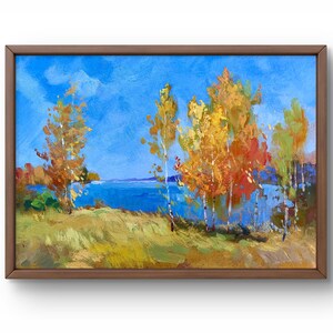 Pintura al óleo paisaje original, pintura al óleo sobre cartón, árboles de otoño, orilla del río, cielo azul, naturaleza otoñal, arte hecho a mano, sin marco
