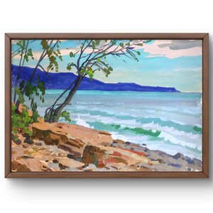 Dipinto a guazzo paesaggio originale, dipinto su carta, paesaggio marino, arte fatta a mano, natura, senza cornice, paesaggio roccioso, arte murale
