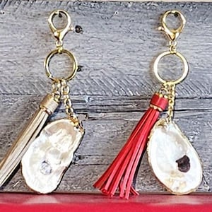 Decoupage Oyster Shell and Genuine Leather Tassel Keychain