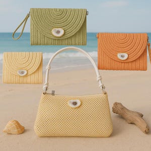 Handwoven Straw Clutch: Boho Oyster Shell Beach Bag