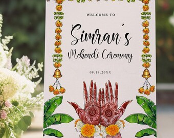 Marigold Indian Mehndi Welcome Sign Template, Watercolor Hindu Printable Mehndi Decor, Desi Editable Gujarati Wedding Mehendi Ceremony Board