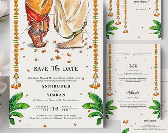 Bespoke Indian Wedding Invite, Watercolour Hindu Wedding Cermenony Invitation with  Events, Save the Date Printable, Marriage Evite