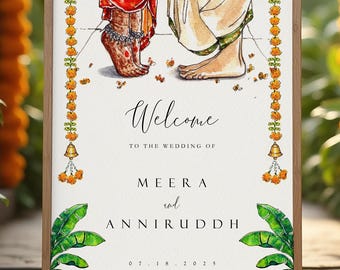 Modern Indian Wedding Welcome Sign Template, Watercolor Hindu Editable Wedding Poster Template, Desi Printable Tamil Telugu Welcome Banner