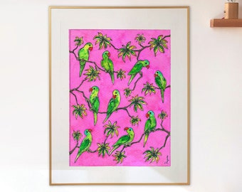 Parrots Indian Painting, Pink Wall decor, Birds watercolor painting, Art Print, Indian Giclee print, Gift Idea
