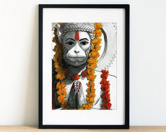 Hanuman Indian Art Painting, Hanuman Poster, Hindu Art, Hindu God, Yoga Studio Decor, Neem Karoli Baba Maharajji,  Wall Print