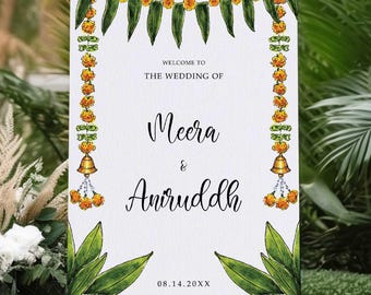 Marigold Indian Wedding Welcome Sign Template, Watercolor Hindu Editable Wedding Poster Template, Desi Printable Tamil Wedding Entry Board