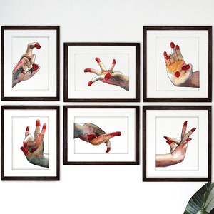 Bharatanatyam Mudras Indian Wall Art Watercolor Painting Print Set, Indian Dance Mudra Wall Art Home Decor Painting Print