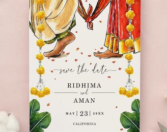Hindu Save the Date Template, Hand Painted Indian Printable Wedding Save the Date, Desi Editable Tamil Invitation, Telugu Wedding Invite