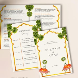 May include: Wedding itinerary cards with gold trim and watercolor illustrations. The cards feature text and graphics, including the names "Gurbani and Aman." A vase with greenery is in the background.