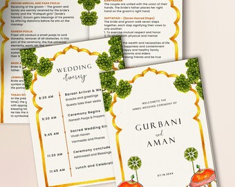 Exotic Indian Wedding Program Template, Hand Painted Desi Editable Wedding Timeline Card, Desi Printable Hindu Wedding Ceremonies