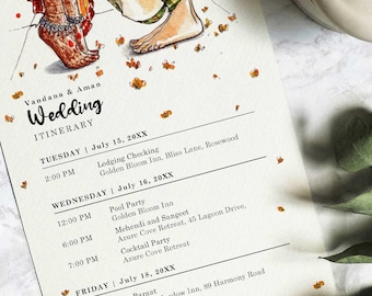 Minimalistic Indian Hindu Wedding Watercolor Digital Itinerary Hindu Ceremony Schedule Program & Guide Custom Desi Wedding Itinerary Invite