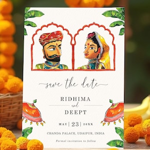 Pode incluir: Um cartão de convite de casamento com ilustrações em aquarela de um casal em trajes tradicionais indianos. O cartão diz "save the date" e inclui os nomes Ridhima e Deept, juntamente com a data 23 de maio de 20XX. O cartão é rodeado por flores de calêndula.