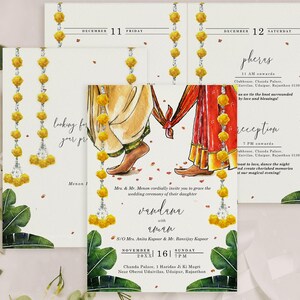 May include: A set of wedding invitation cards featuring watercolor illustrations of a couple holding hands, yellow marigold flower garlands, and green tropical leaves. The text includes names Vandana and Aman, event details, and dates in December.