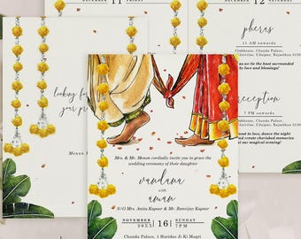 Multi page Hindu Wedding Invite, Indian Wedding Invitation with Inserts, South Indian Marriage Invitation Set, Minimalistic Watercolor Card