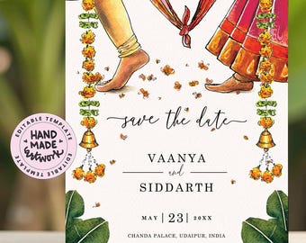 Editable Watercolor Indian Save the Date Template, Hand Painted Gujarati Wedding Invitation (Digital Download) | PHERA
