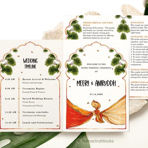 Minimalistic Hindu Wedding Program Template, Indian Wedding Ceremony Program Timeline, Desi Printable South Indian Watercolor Itinerary