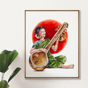 Indian Woman Veena Art, Sitar Player Print Poster, Indian Art Music Painting, Gift for Indian Music lover