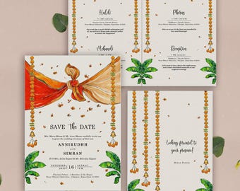 Hand Painted Indian Wedding Invitation with Ceremonies, Multiple Page Hindu Wedding Invite, South Indian Wedding Card Editable Template