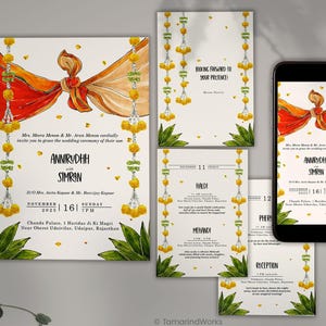 Puede incluir: Un conjunto de tarjetas de invitación de boda y un teléfono inteligente que muestra el mismo diseño. El diseño presenta una ilustración de acuarela de un nudo con tela naranja y amarilla, guirnaldas florales y texto. La invitación incluye los nombres Anniruddh y Simran.