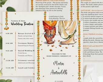 Elegant Indian Wedding Program Template, Hindu Marriage Ceremony, South Indian Tamil Telugu Wedding Itinerary Ritual Timeline, Welcome Card