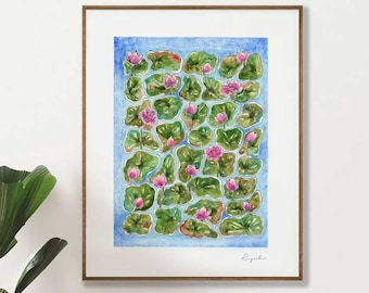 Lotus Lake Art, Pink Lotus Watercolor Painting, Lotus Pond Art Print, Lotus Flower Print, Lotus Lake, Water Lily Pattern, Zen Wall Art Print