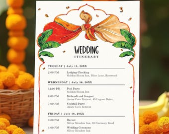Minimalistic Indian Wedding Itinerary, Modern Hindu Marriage Events Timeline, Hindu Wedding Ceremony Card, Indian Marriage Program Template
