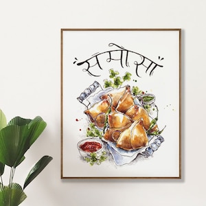 Samosa Indian Kitchen Decor, Desi Poster Food Art, Kitchen Wall Print, Funny Cute Desi Home Decor, Indian Food Lover Gift, Hindi Calligraphy