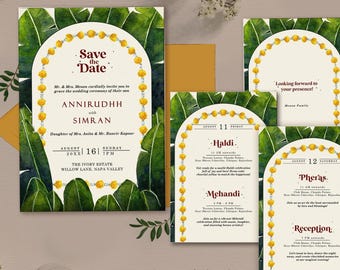 Banana Leaves South Indian Wedding Invitation Suit, Marigold Hindu Wedding Invitation Set, Tamil Telugu Invite Template with Ceremonies