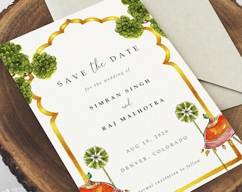 Minimalistic Hand Painted Hindu Save the Date Template with Arch, Watercolor Indian Printable Wedding Invite, Desi Save the Date Invitation