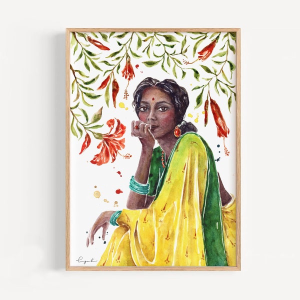 Indian Woman in Sari Wall Art, Exotic Brown Girl South Indian Art Print Poster, Desi Girl Wall Decor
